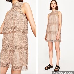 Zara Nude Blush Guipure Lace Tiered Mini Dress Size M